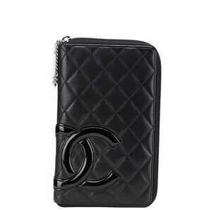 CHANEL Authentic Black Lambskin Leather Logo Wallet